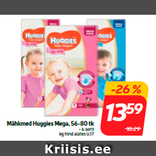 Allahindlus - Mähkmed Huggies Mega, 56-80 tk