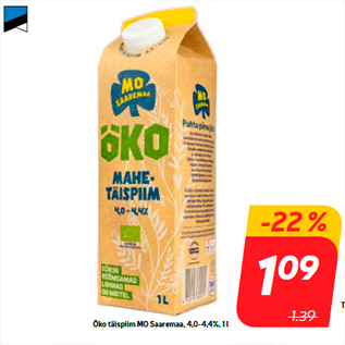 Скидка - Эко цельное молоко МО Saaremaa, 4,0-4,4%, 1 л