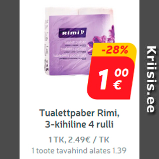 Allahindlus - Tualettpaber Rimi, 3-kihiline 4 rulli*