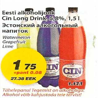 Allahindlus - Eesti alkoholijook Cin Long Drink