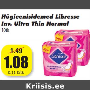 Allahindlus - Hügieenisidemed Libresse Inv. Ultra Thin Normal