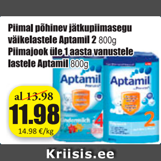 Allahindlus - Piimal põhinev jätkupiimasegu väikelastele Aptamil 2 800 g; Piimajook üle 1 aasta vahustele lastele Aptamil 800 g