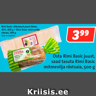 Allahindlus - Rimi Basic viilutatud juust Edam, 40%, 800 g + Rimi Basic mitmevilja röstsai, 500 g