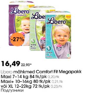 Allahindlus - Libero mähkmed Comfort Fit Medapakk Maxi 7-14kg 84tk/pk *Maxi+ 10-16kg 80tk/pk *või XL 12-22kg 72tk/pk