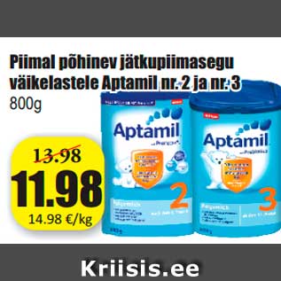 Allahindlus - Piimal põhinev jätkupiimasegu väikelastele Aptamil nr. 2 ja nr. 3 800g