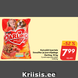 Allahindlus - Kuivsööt koertele linnuliha-ja juurviljadega Darling, 10 kg