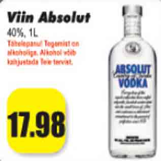 Allahindlus - Viin Absolut 40%, 1 l