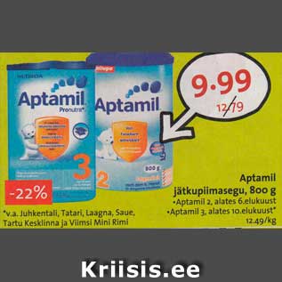 Allahindlus - Aptamil jätkupiimasegu, 800 g •Aptamil 2, alates 6.elukuust •Aptamil 3, alates 10.elukuust*