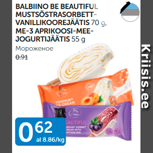 Allahindlus - BALBIINO BE BEAUTIFUL MUSTSÖSTRASORBETT-VANILLIKOOREJÄÄTIS 70 G, ME-3 APRIKOOSI-MEEJOGURTIJÄÄTIS 55 G