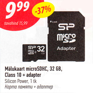 Allahindlus - Mälukaart microSDHC, 32 GB, Class 10 + adapter