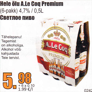 Allahindlus - Hele õlu A.Le Coq Premium