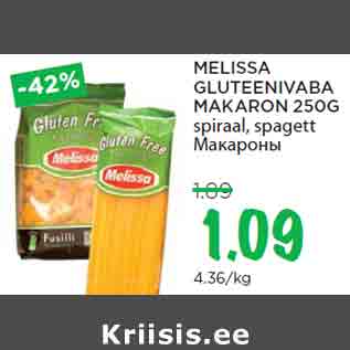 Allahindlus - MELISSA GLUTEENIVABA MAKARON 250G spiraal, spagett