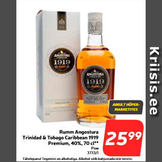 Allahindlus - Rumm Angostura Trinidad & Tobago Caribbean 1919 Premium, 40%, 70 cl**