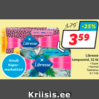 Allahindlus - Libresse tampoonid, 32 tk