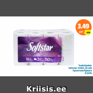 Allahindlus - Tualettpaber Softstar 3 kihti, 16 rulli