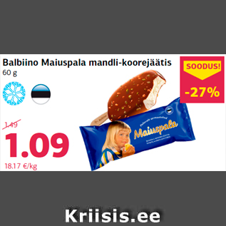 Allahindlus - Balbiino Maiuspala mandli-koorejäätis 60 g