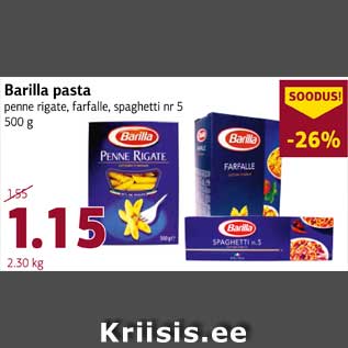 Allahindlus - Barilla pasta penne rigate, farfalle, spaghetti nr 5 500 g