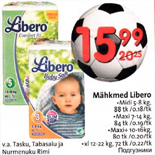 Allahindlus - Мähkmеd Libero .Midi 5-8 kg,88 tk /o.18/tk .Maxi 7-14 kg,84 tk /0.19ltk .Maxi+ l0-16kg,80 tk /0.20/tk .xl l2-22 kg,72tk /0.22/tk