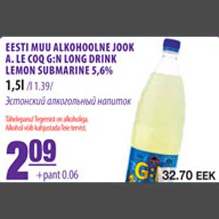 Allahindlus - Eesti muu alkohoolne jook A.Le Coq G:N Long Drink Lemon Submarine