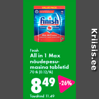 Allahindlus - Finish All in 1 Max nõudepesumasina tabletid 70 tk