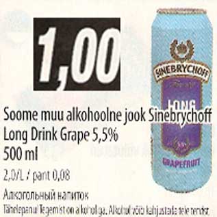 Allahindlus - Soome muu alkohoolne jook Sinebrychoff Long Drink Grape