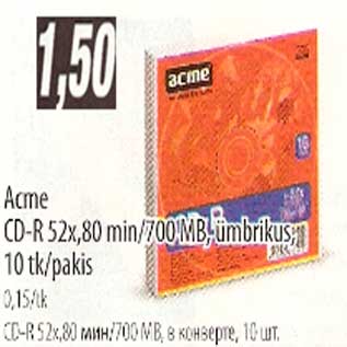 Allahindlus - Acme CD-R 52x,80 min/700 MB,ümbrikus,10 tk