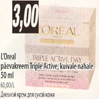 Allahindlus - L`Oreal päevakreem Triple Active,kuivale nahale