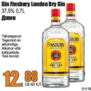 Allahindlus - Gin Finsbury London Dry Gin 37,5% 0,7L