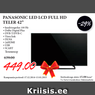 Allahindlus - PANASONIC LED LCD FULL HD TELER 42’’