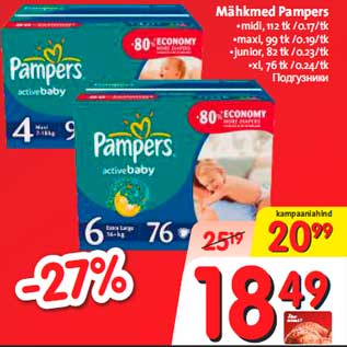 Allahindlus - Mähkmed Pampers •midi,112 tk •maxi,99tk•junior,82tk •xl,76 tk