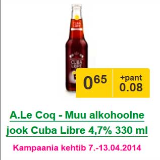 Allahindlus - A.Le Coq - Muu alkohoolne jook Cuba Libre 4,7% 330 ml