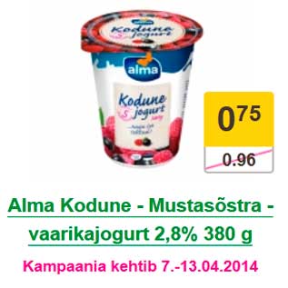 Allahindlus - Alma Kodune - Mustasõstra - vaarikajogurt 2,8% 380 g