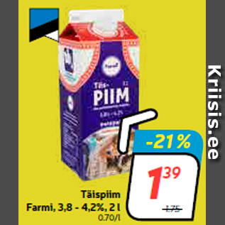 Скидка - Цельное молоко Farmi, 3,8 - 4,2%, 2 л