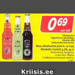 Allahindlus - Muu alkohoolne jook A. Le Coq Alcoholic Coctail 4,7%, 33 cl