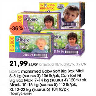 Allahindlus - Libero mähkmed Boby Soft Big Вох Midi 5-8 kg (suurus 3) 136 tk/pk, Comfort Fit Big Вох Moxi 7-14 kg (suurus 4) I20 tk/pk,Moxi+ 10-16 kg (suurus 5) 1l2 tk/pk,XL 12-22 kg (suurus 6) 104 tk/pk