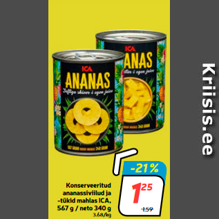 Скидка - Консервированные ломтики и кусочки ананасов в соке ICA