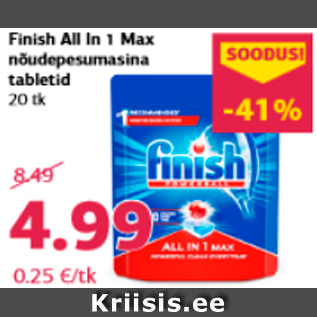 Allahindlus - Finish All In 1 Max nõudepesumasina tabletid 20 tk