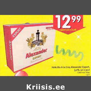 Allahindlus - Hele õlu A Le Cig Alexander Export, 5,2%, 30 x 33 cl