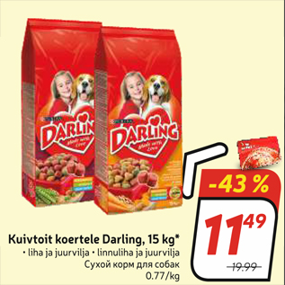 Allahindlus - Kuivtoit koertele Darling, 15 kg*