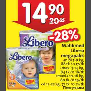 Allahindlus - Mähkmed Libero megapakk •midi 5-8 kg, 88 tk /0.17/tk •maxi 7-14 kg, 84 tk /0.18/tk •maxi+ 10-16 kg, 80 tk /0.19/tk •xl 12-22 kg, 72 tk /0.21/tk