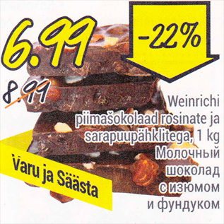 Allahindlus - Weinrichi piimašokolaad rosinate ja sarapuupähklitega, 1 kg