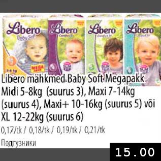 Allahindlus - Libero mähkmed Baby Soft Megapakk Midi 5-8kg (suurus3), Maxi+ 10-16kg (suurus5), või XL 12-22kg (suurus6)