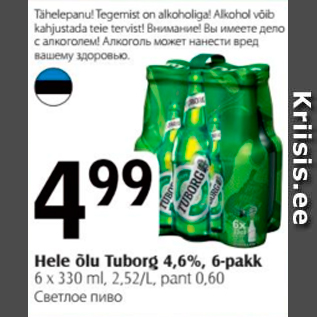 Allahindlus - Hele õlu Tuborg 4,6%, 6-pakk