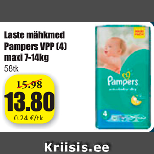 Allahindlus - Laste mähkmed Pampers VPP (4) maxi 7-14 kg, 58 tk