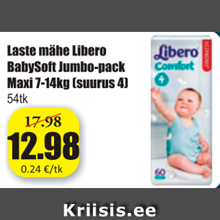 Allahindlus - Laste mähe Libero BabySoft Jumbo-pack Maxi 7-14 kg (suurus 4) 54 tk
