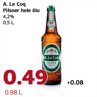 Allahindlus - A. Le Coq Pilsner hele õlu 4,2% 0,5 L