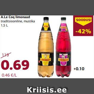 Allahindlus - A.Le Coq limonaad traditsiooniline, mustika 1,5 L