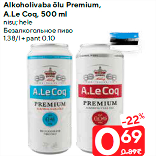 Allahindlus - Alkoholivaba õlu Premium, A.Le Coq, 500 ml