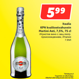 Allahindlus - Itaalia KPN kvaliteetvahuvein Martini Asti, 7,5%, 75 cl