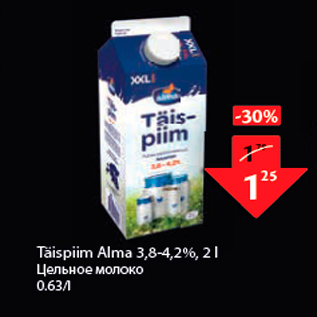 Allahindlus - Täispiim Alma 3,8-4,2%, 2 l